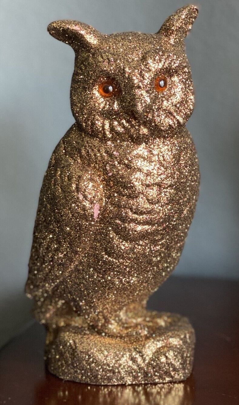Vtg Gold Glitter Owl Schaller Inscha Deko Handwerk Germany Halloween Statue 10"